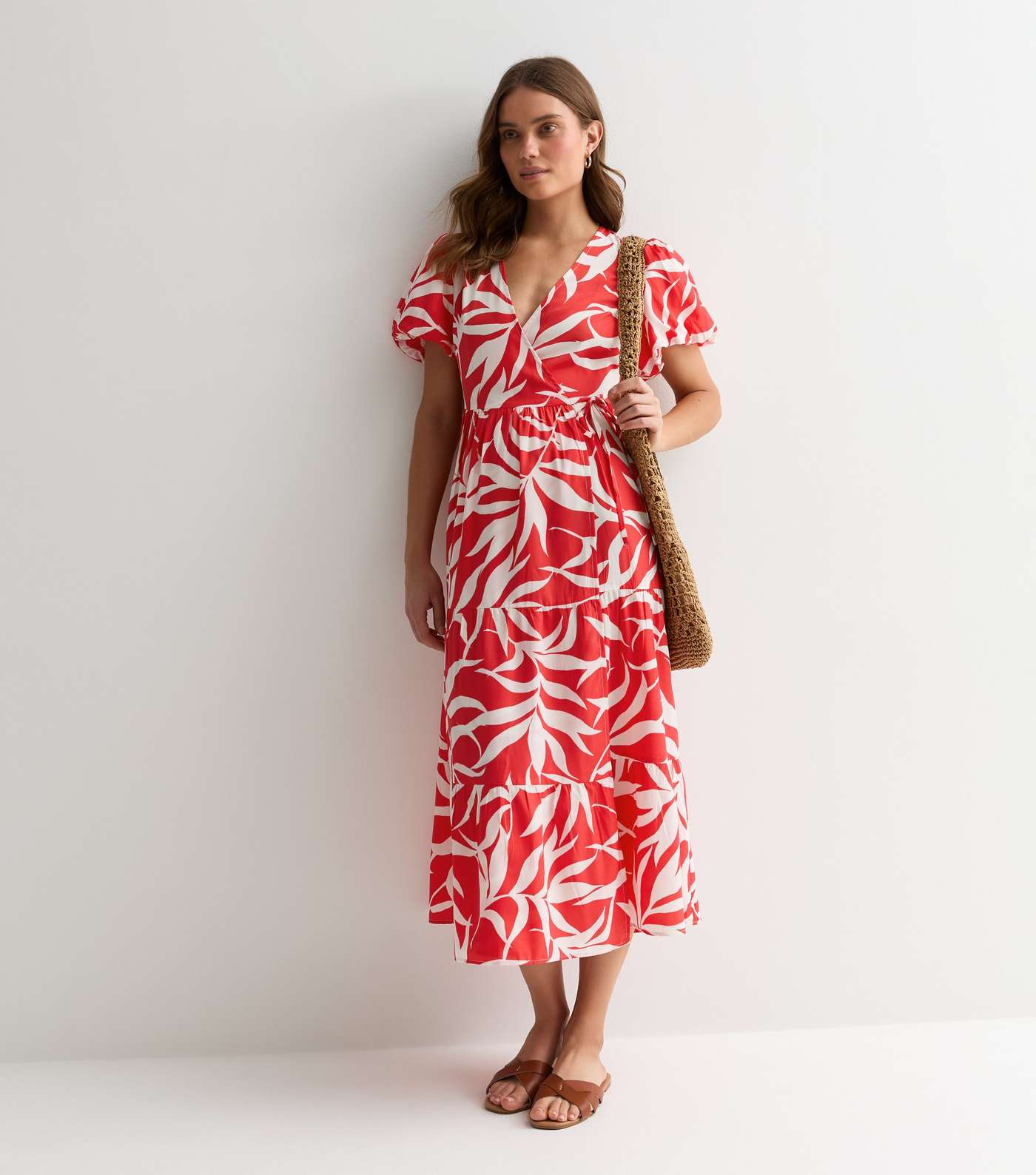 Red Leaf Print Puff Sleeve Midi Wrap Dress Image 3