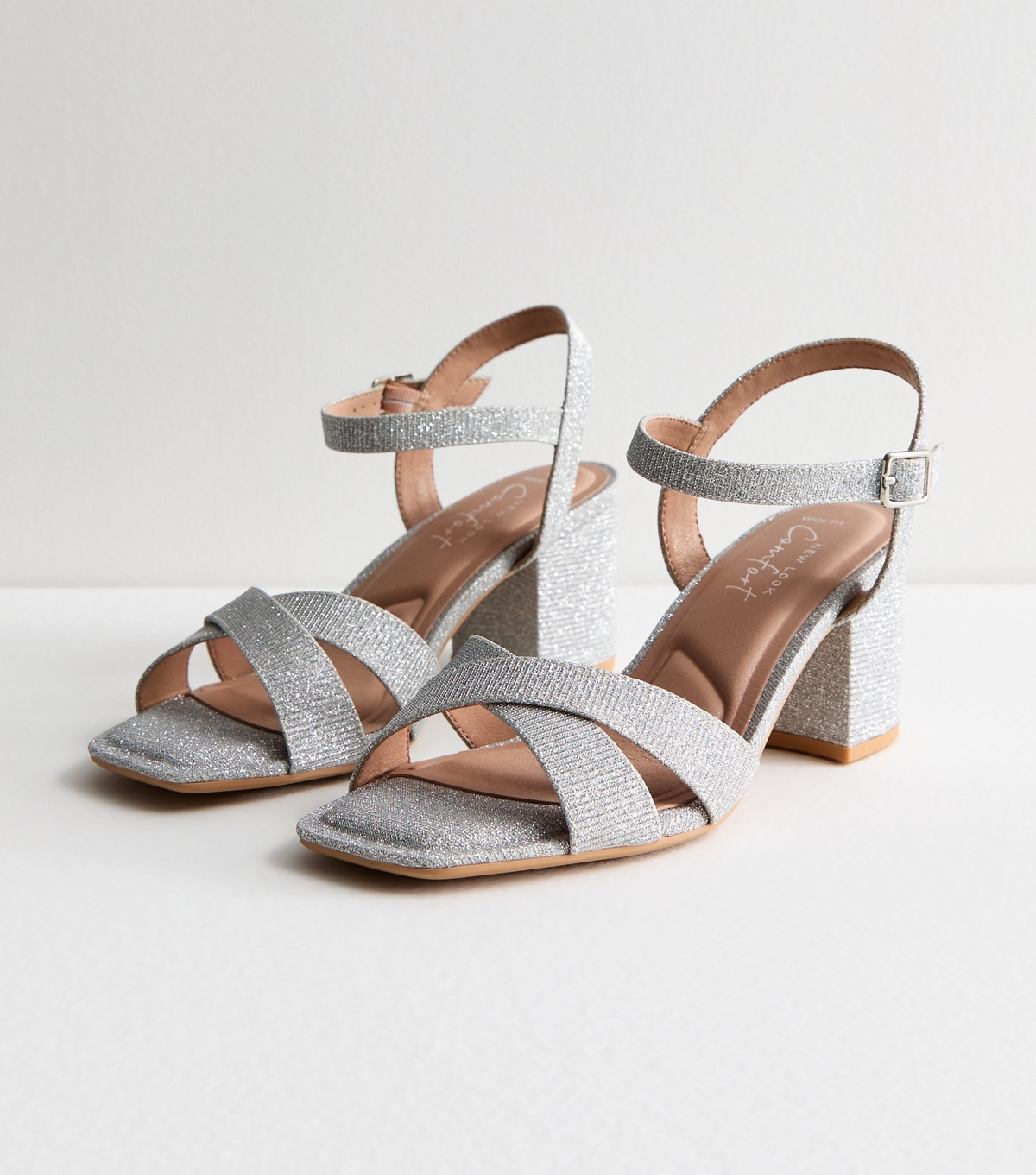 Women's Wide Fit Silver Glitter Block Heel Sandals New Look