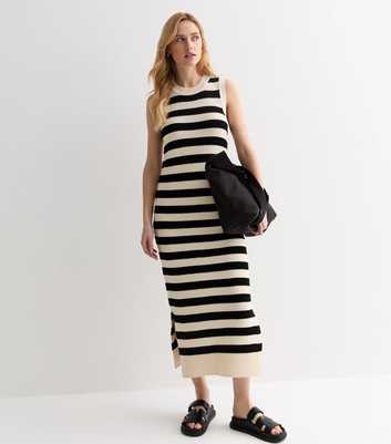 Black Stripe Knit Sleeveless Split Hem Midi Dress