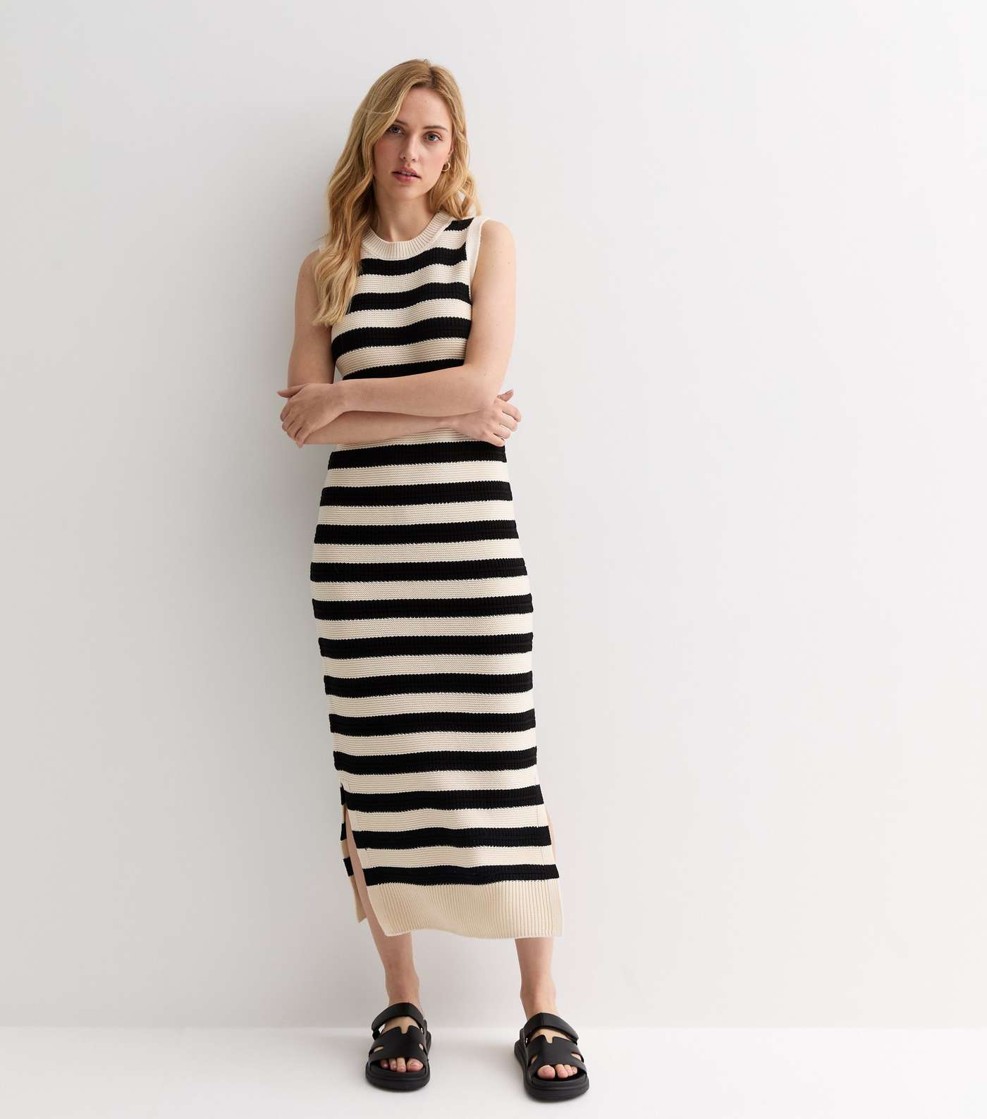 Black Stripe Knit Sleeveless Split Hem Midi Dress Image 3