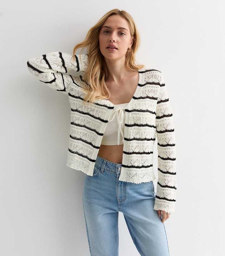 White Stripe Stitch Knit Tie Front Cardigan | New Look