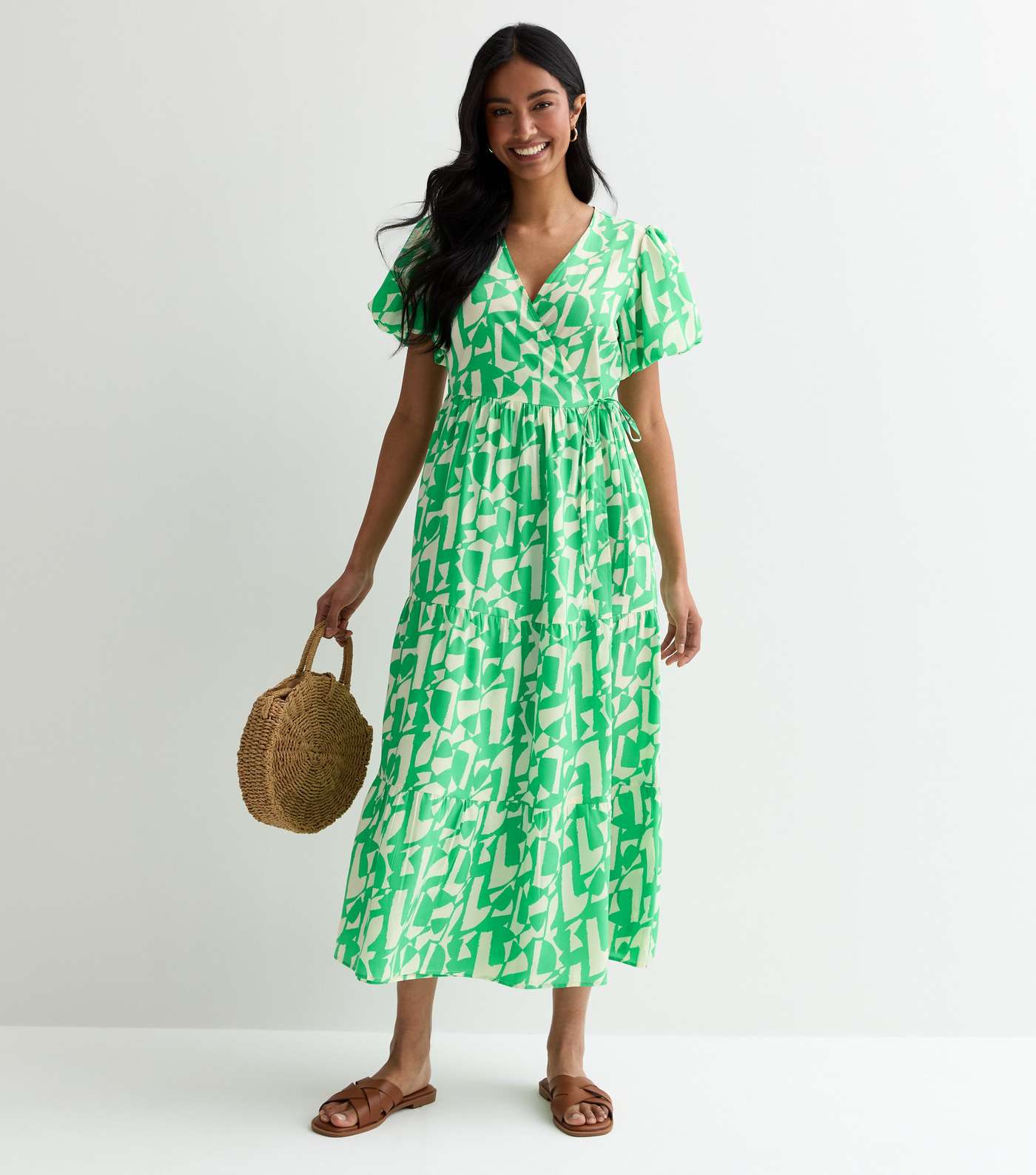Green Abstract Pattern Midi Wrap Dress Image 3