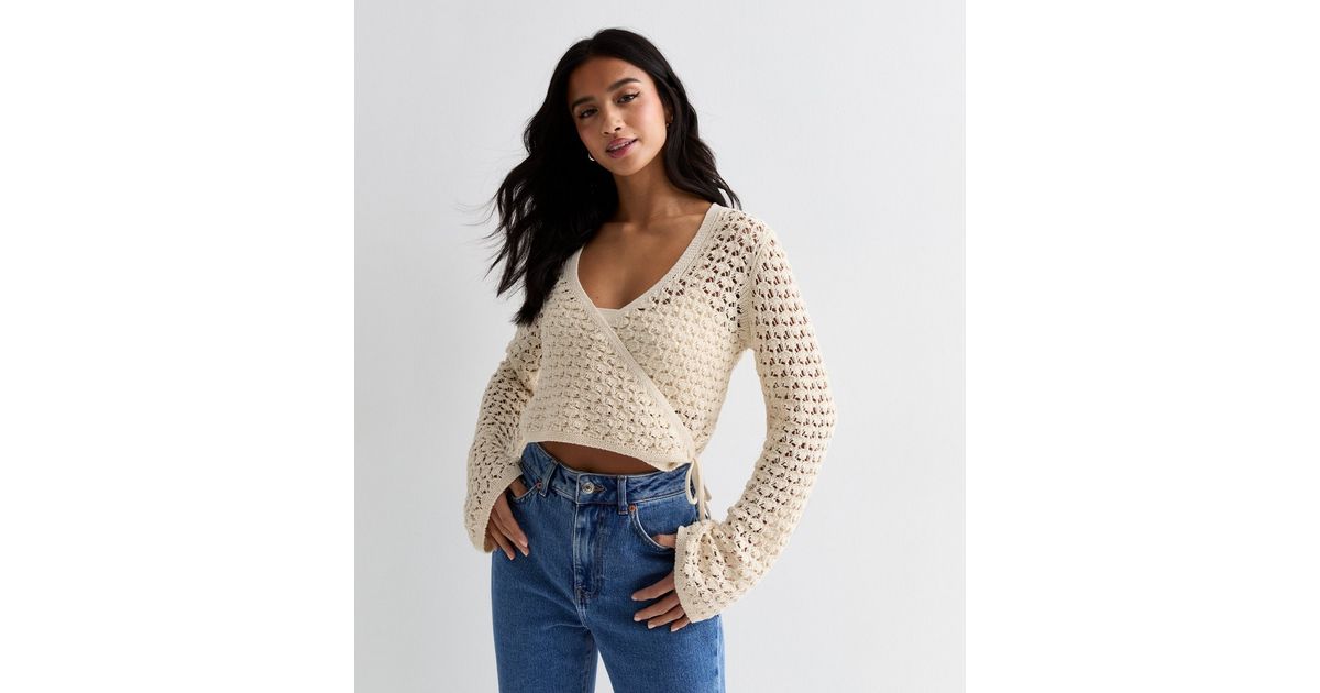 Petite Cream Pointelle Tie Side Crop Cardigan | New Look