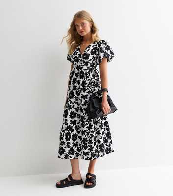 Black Floral Pattern Puff Sleeve Wrap Tiered Midi Dress