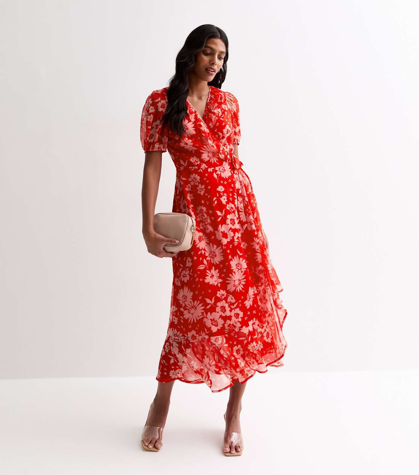 Red Chiffon Floral Print Midi Wrap Dress Image 3