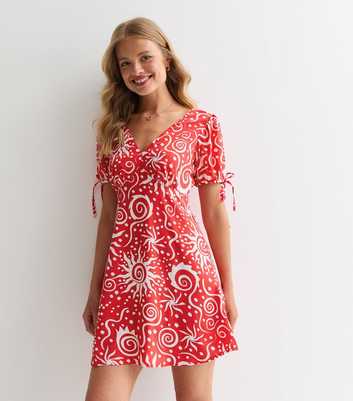 Red Sun Swirl Print Tie Sleeve Mini Dress