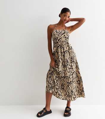 Brown Animal-Print Halterneck Midi Dress