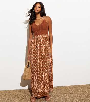 Brown Crochet Bust Square Print Maxi Dress