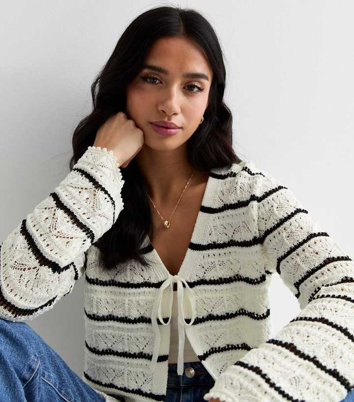 Petite White Stripe Stitch Knit Tie Front Cardigan