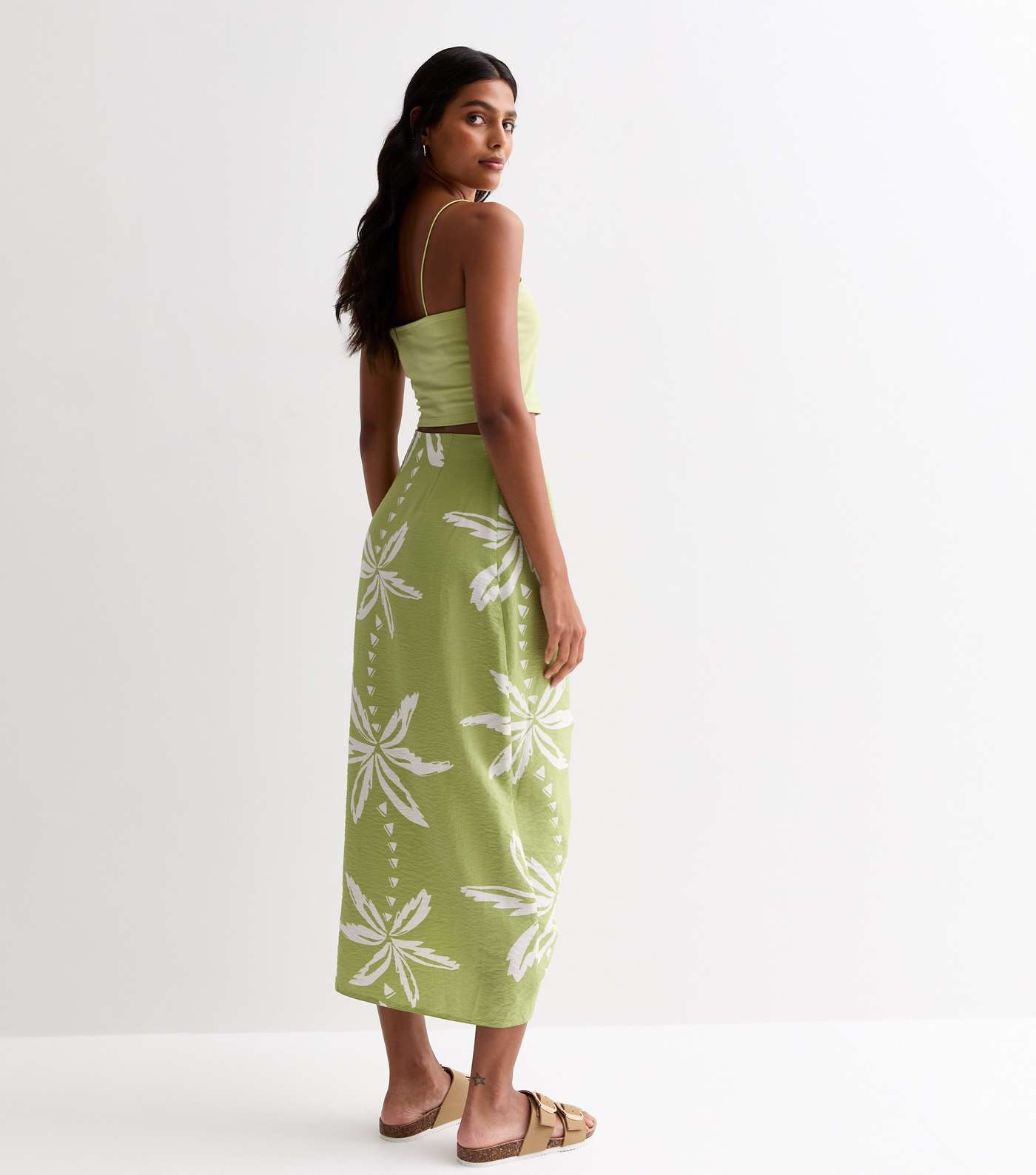 Green Palm Tree Print Sarong Midi Skirt Image 4