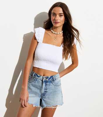 White Cotton Embroidered Ruffle-Trim Shirred Crop Top