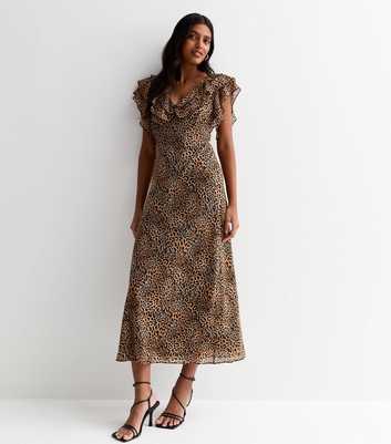 Brown Animal Print Ruffle Midi Dress