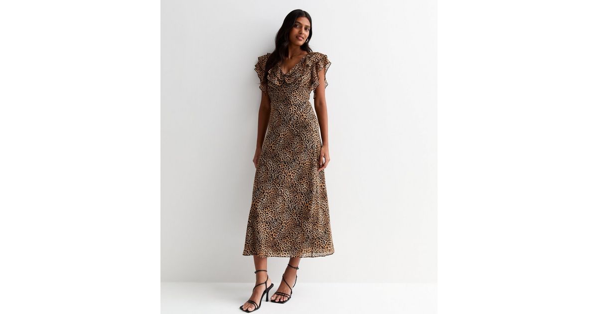 Brown Animal Print Ruffle Midi Dress | New Look
