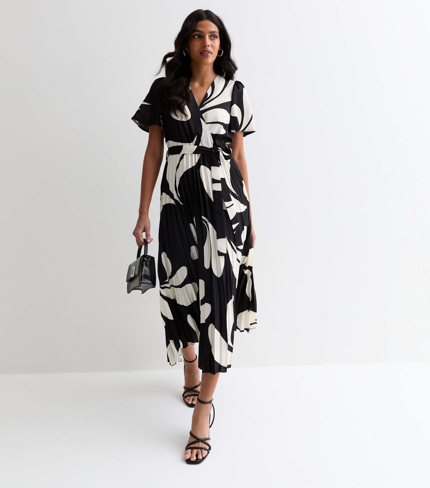 Black Abstract Print Satin Wrap Front Pleated Midi Dress Image 3
