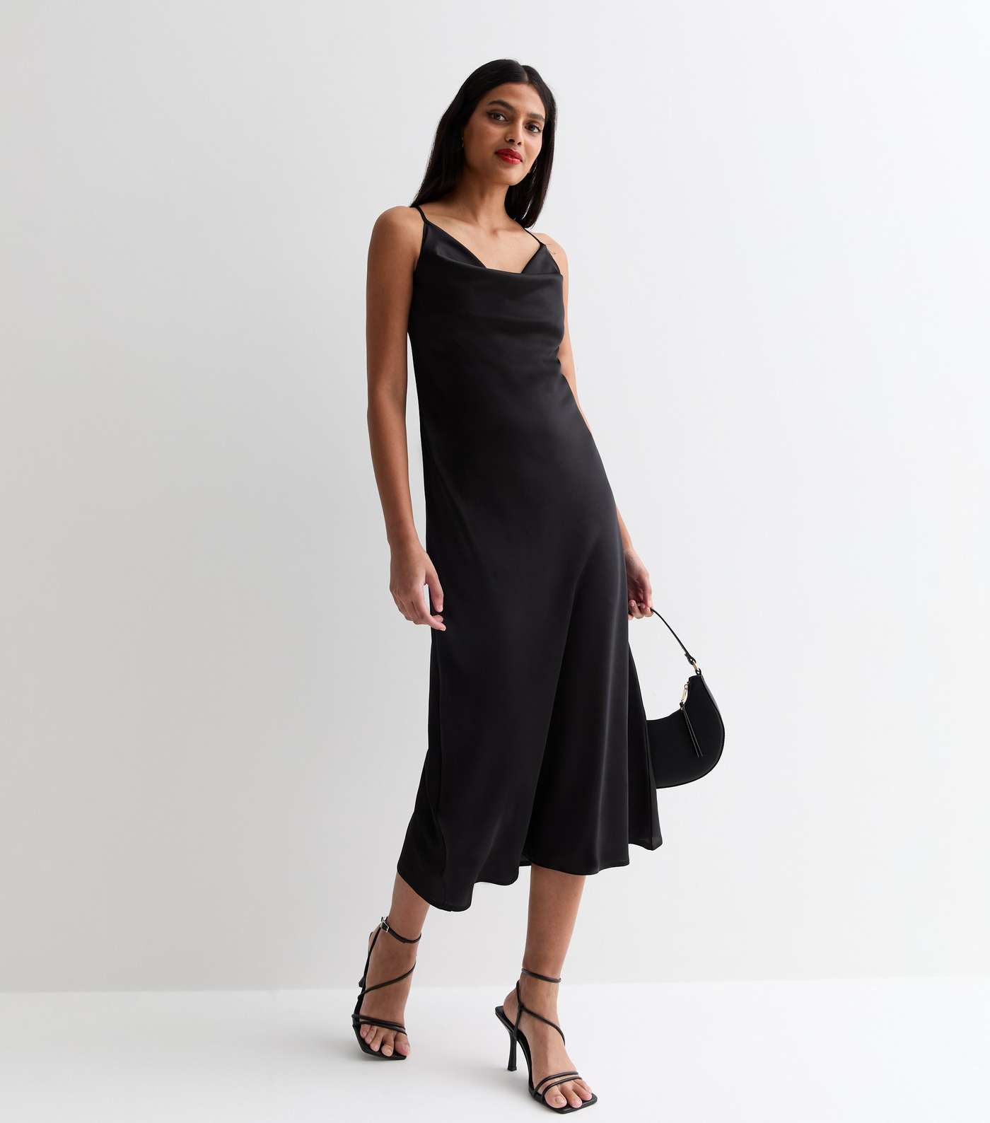 Black Satin Cowl Neck Strappy Midi Dress | New Look