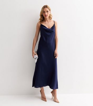 Navy Satin Cowl Neck Strappy Midi Dress New Look