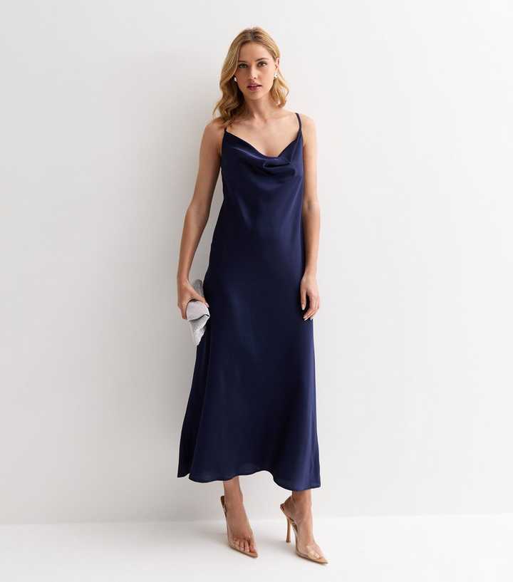 Navy Satin Cowl Neck Strappy Midi Dress | New Look Navy Satin Cowl Neck Strappy Midi Dress | New Look