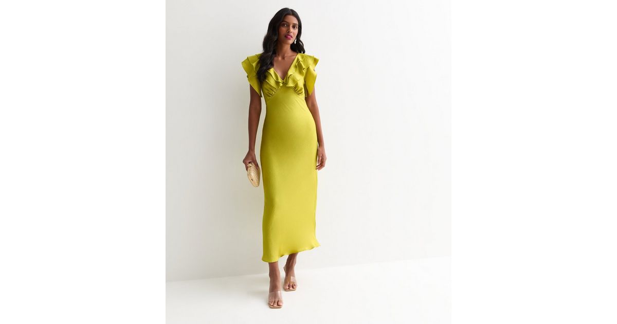 Ladies Mist Green Ruffle Sleeve V Neck Frilled Shift Dress