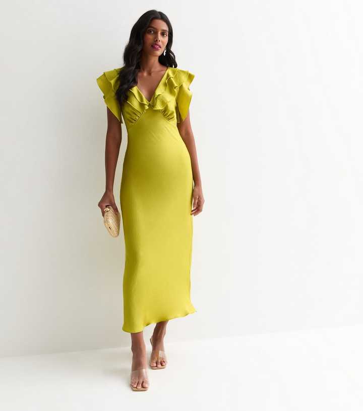 Green Ruffle V Neck Midi Slip Dress
