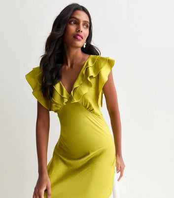 Green Ruffle V Neck Midi Slip Dress | New Look