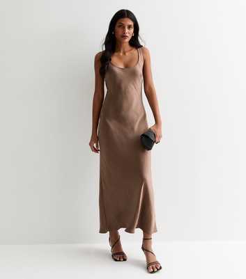 Brown Satin Scoop-Neck Maxi Slip Dress