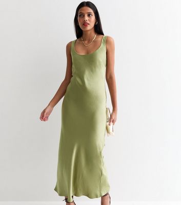 Olive Satin Scoop Neck Midaxi Slip Dress New Look