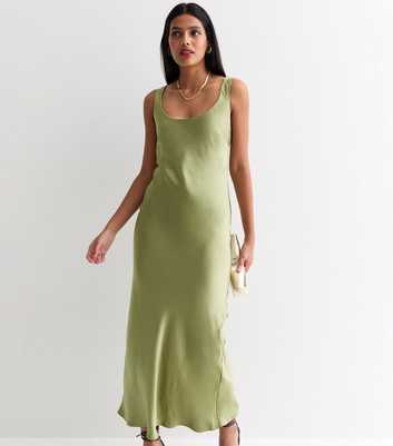 Olive Satin Scoop Neck Midaxi Slip Dress
