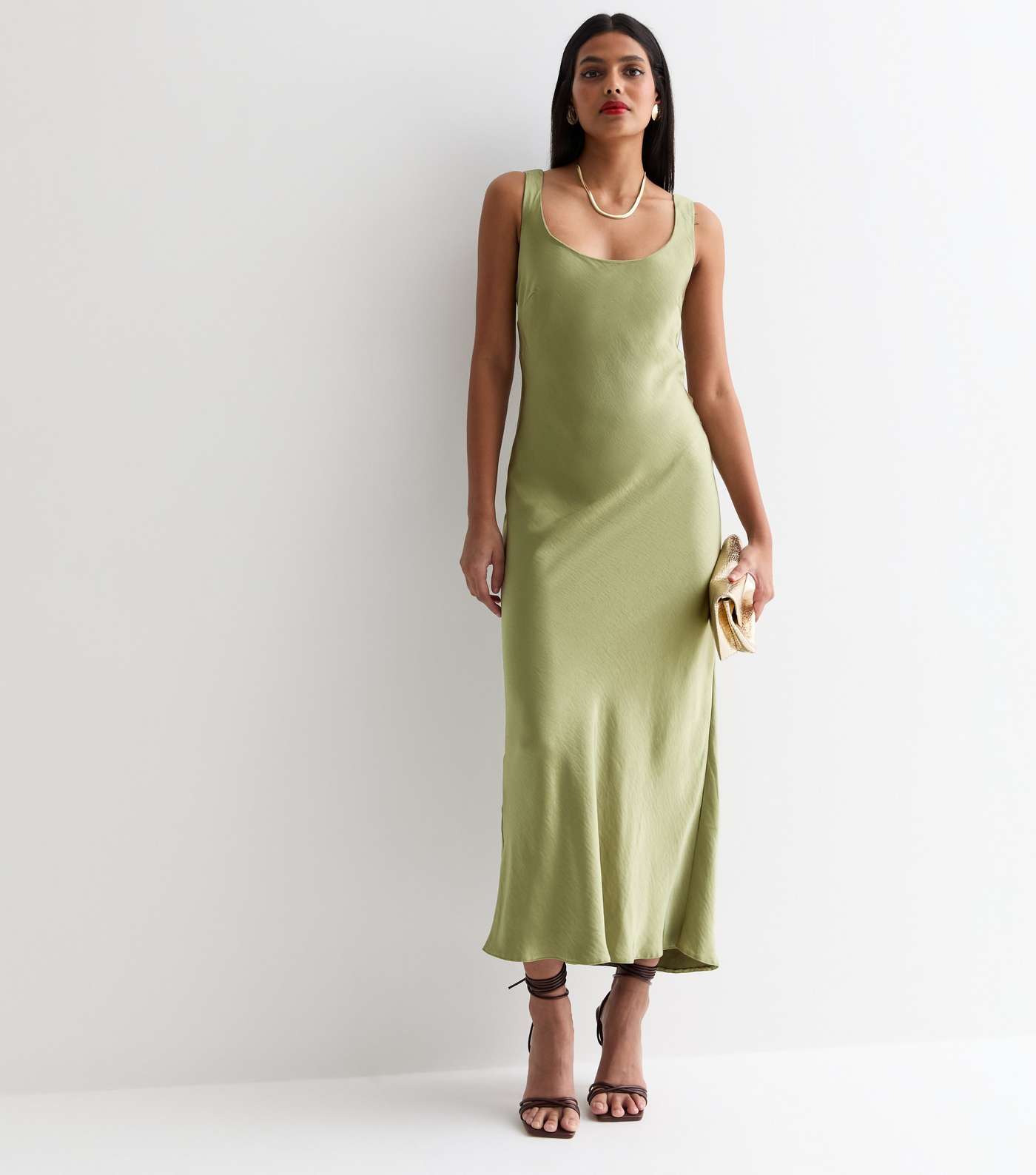 Olive Satin Scoop Neck Midaxi Slip Dress Image 4
