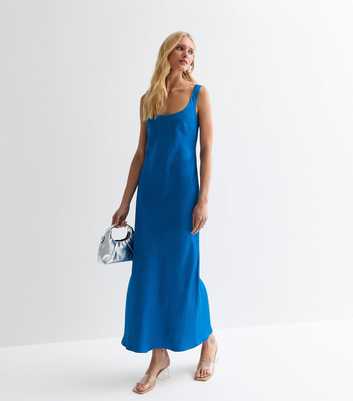 Blue Satin Scoop-Neck Maxi Slip Dress