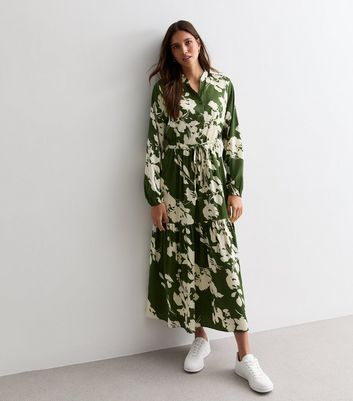 Green Abstract Floral Print Satin Midaxi Dress | New Look