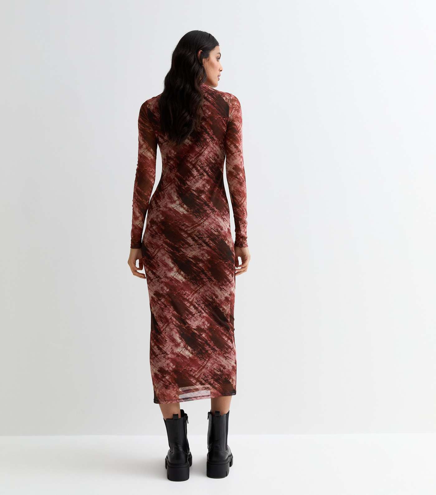 Burgundy Abstract Print Mesh Bodycon Midi Dress Image 4