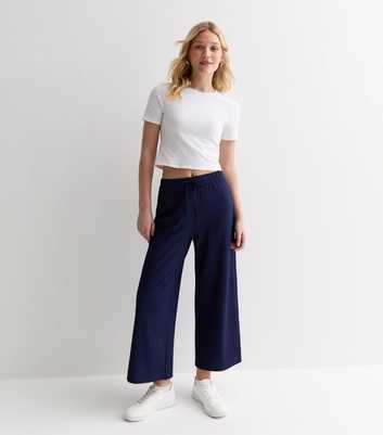 Navy Ribbed Drawstring Wide Leg Crop Trousers
