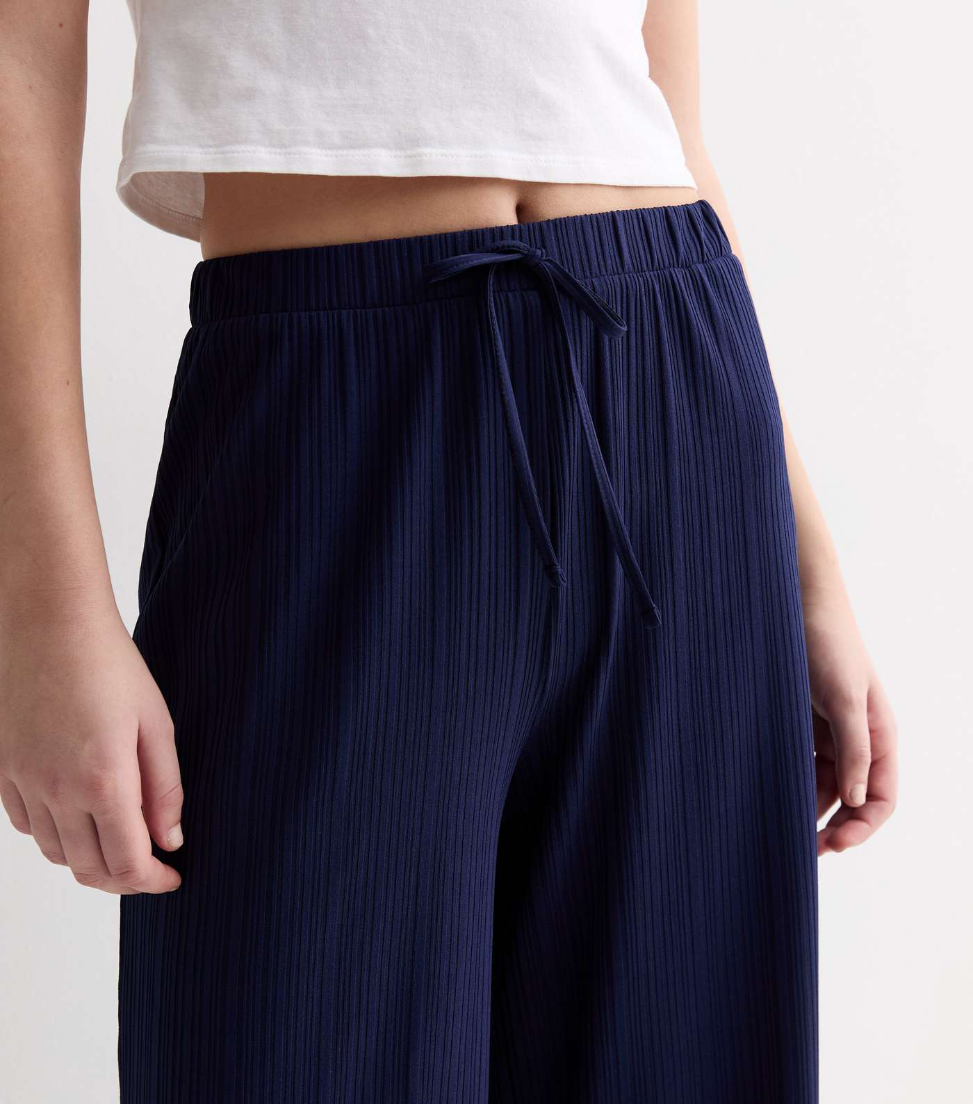 Navy Ribbed Drawstring Wide Leg Crop Trousers Image 2
