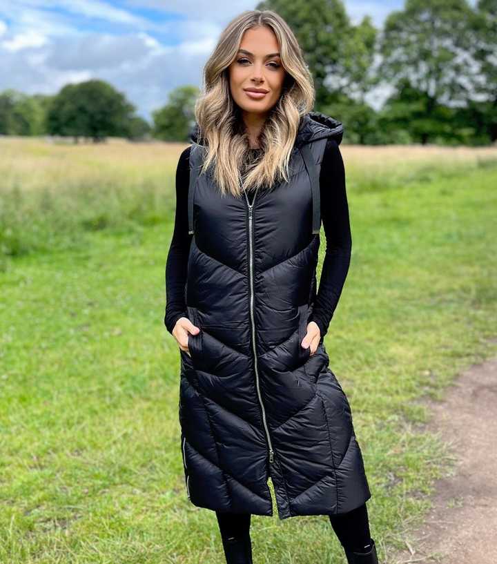 AX Paris Black Hooded Long Puffer Gilet