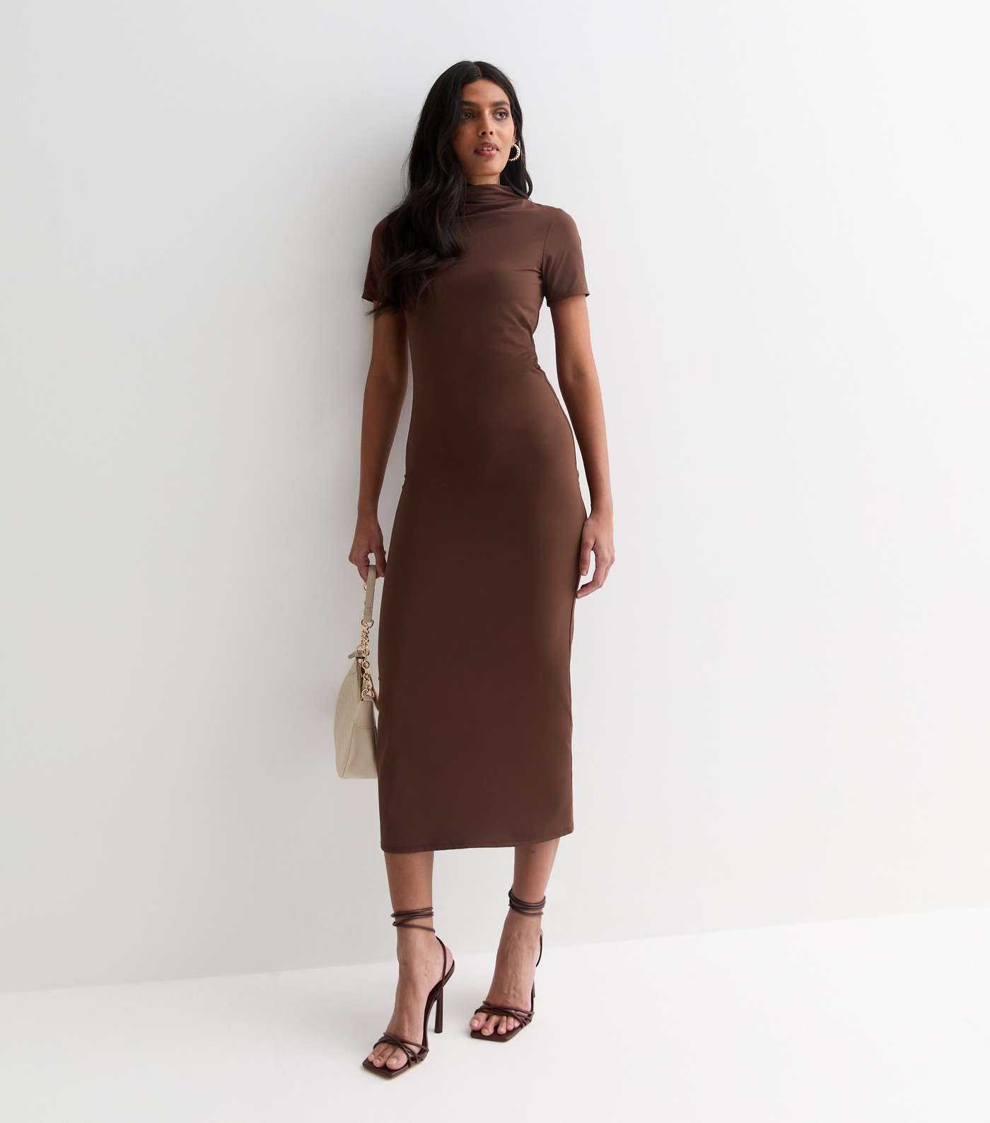 Dark Brown Slinky High Neck Midi Dress Image 3