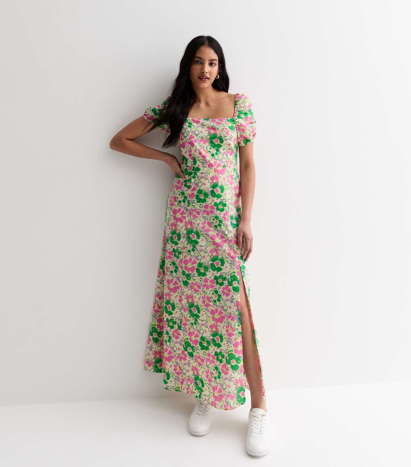Green Floral Puff Sleeve Cotton Maxi Dress Image 3