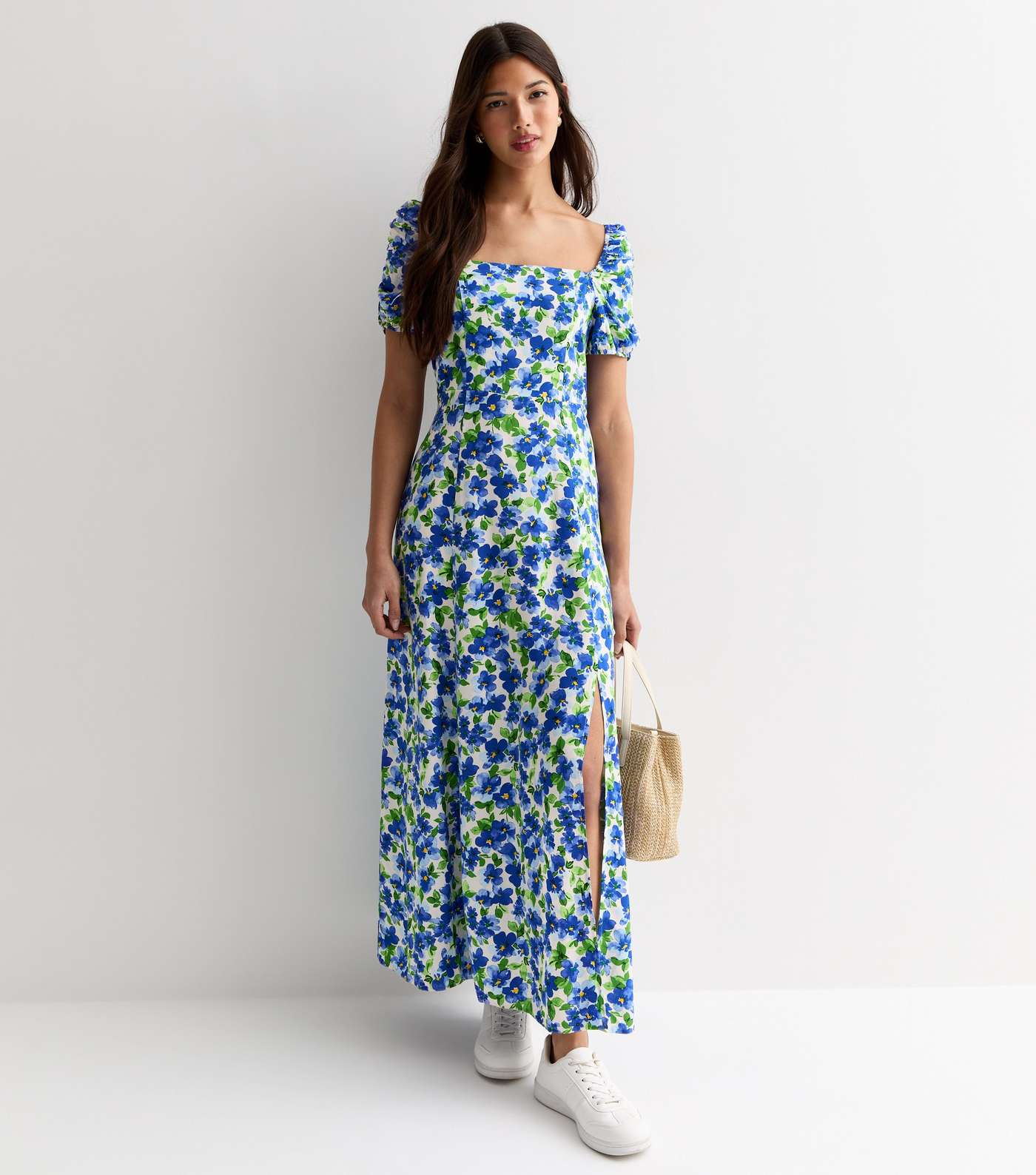 Blue Floral Puff Sleeve Split Hem Maxi Dress Image 2