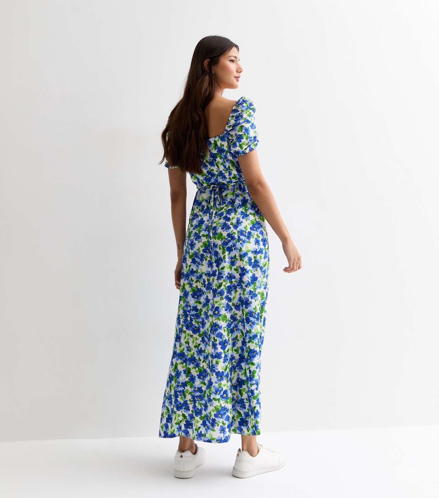 Blue Floral Puff Sleeve Split Hem Maxi Dress Image 4