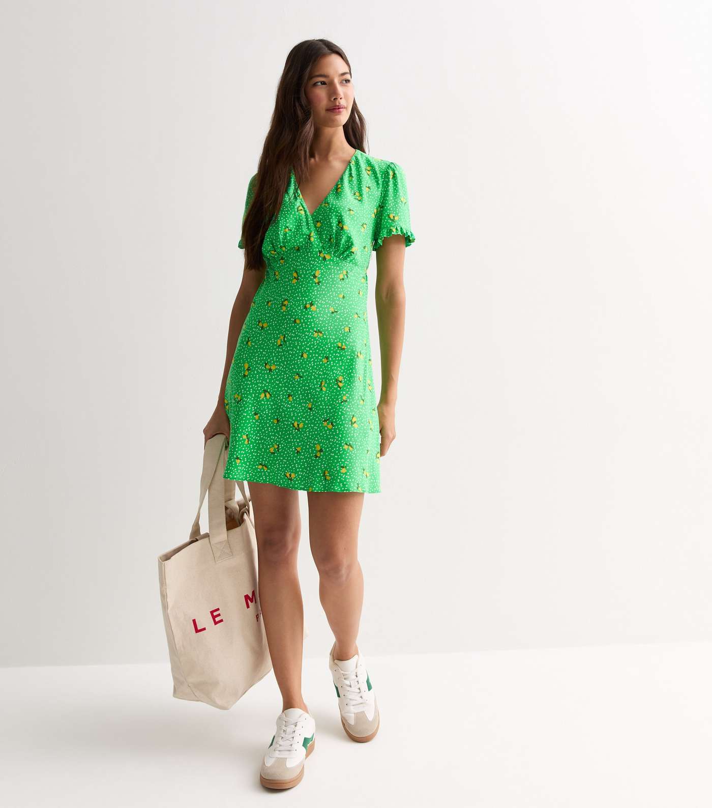 Green Lemon Print Frill Sleeve Mini Dress Image 3