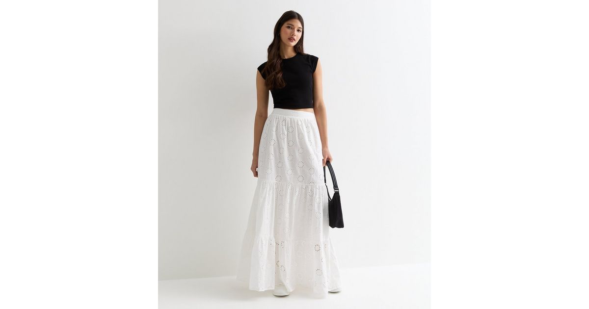 Gini London White Tiered Lace Embroidered Maxi Skirt New Look