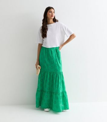 Gini London Green Tiered Lace Embroidered Maxi Skirt New Look