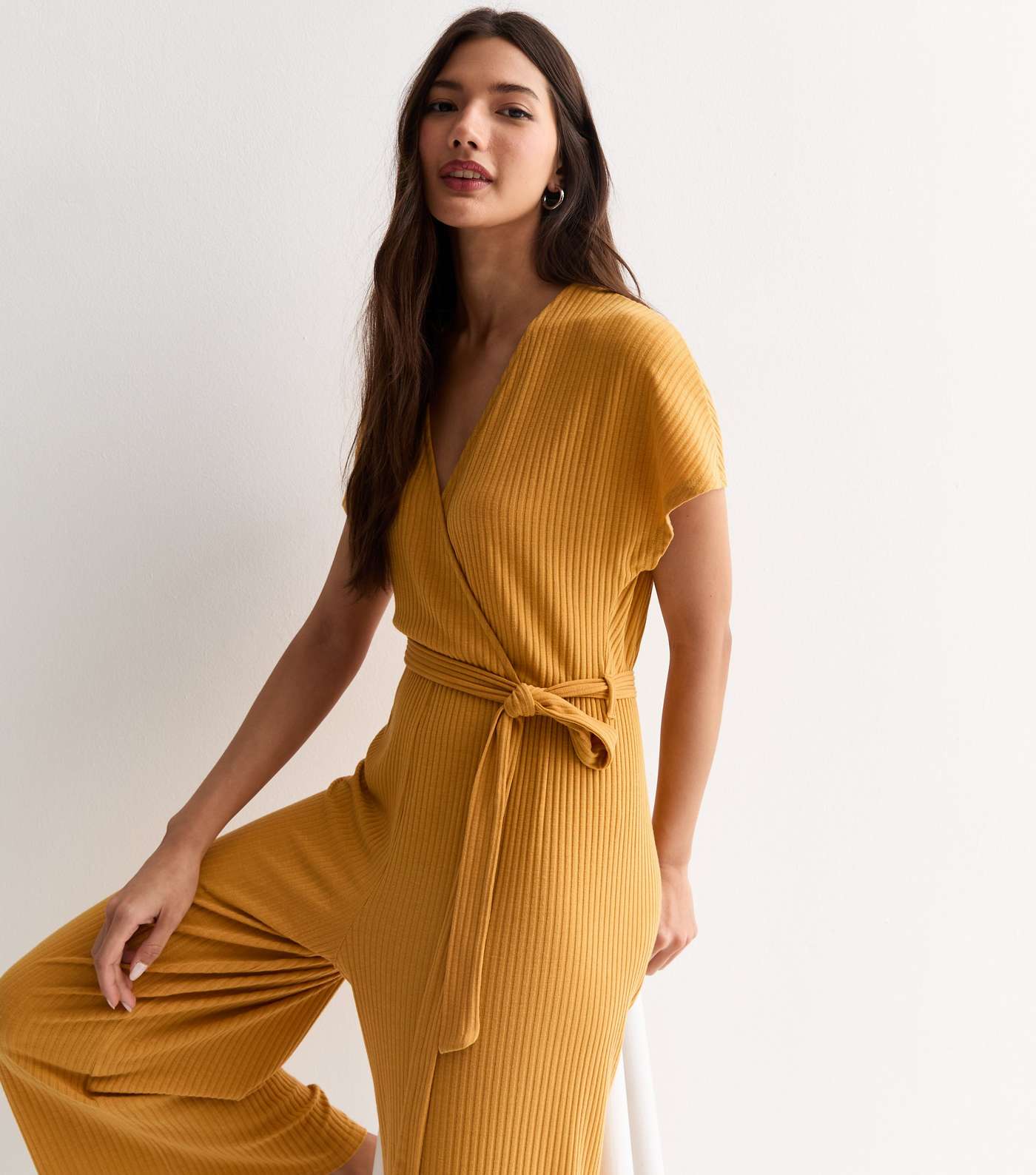 Mustard Ribbed Wrap Jumpsuit Image 2