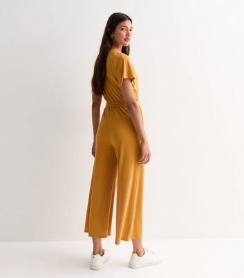 Mustard Ribbed Wrap Jumpsuit New Look