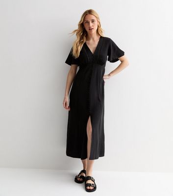 Black Lace Trim Button Front Midi Dress