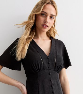 Black Flutter Sleeve Button Through Midi Dress New Look