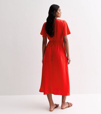 Red Flutter Sleeve Button Through Midi Dress New Look
