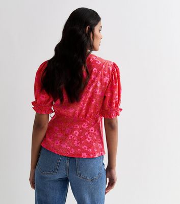 Red Floral Dot Wrap Top New Look