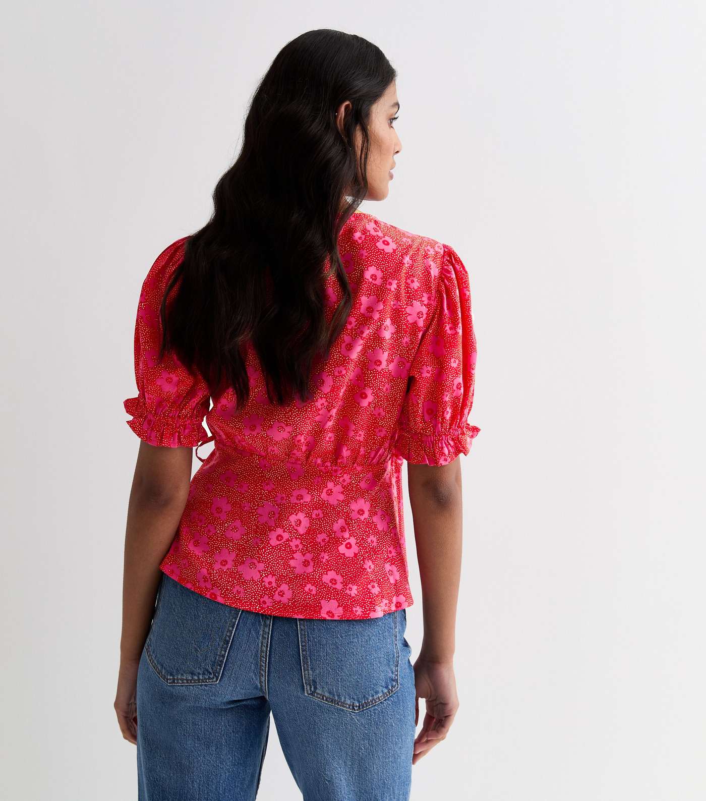 Red Floral Dot Wrap Top Image 4