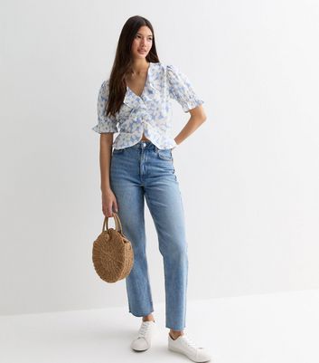 Blue Floral Ruffle Top New Look