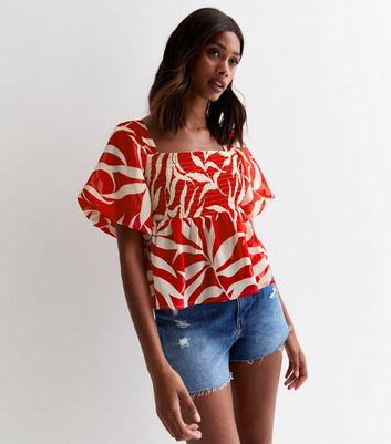 Red Palm Tree Puff-Sleeve Top New Look